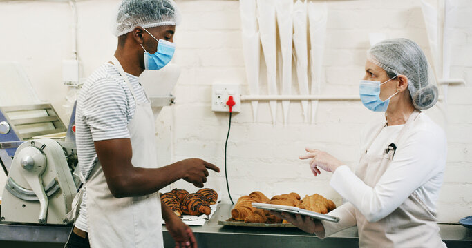 Health, inspection or people in cafe with tablet, hygiene or food safety in online checklist. Sanitation, review or inspector in kitchen with tech, quality control or compliance in restaurant service - Powered by Adobe