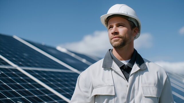 Veteran engineer inspecting large solar panels at a renewable energy facility, wearing a safety helmet under a bright blue sky — concept of clean energy innovation, sustainability, environmental