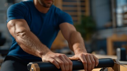 Close-up of hands adjusting springs and straps on sleek modern Pilates reformer — concept of precision, mindful control, and dedication to correct technique in professional Pilates training.