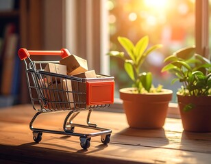 A miniature shopping cart overflowing with small brown boxes, positioned on a wooden surface near a sunny window and potted plants