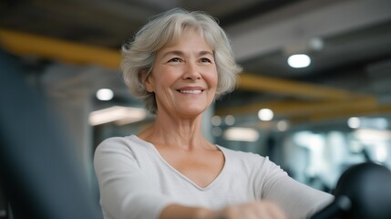 Elderly woman smiling while finishing her Pilates reformer routine in a bright, modern studio — symbolizing healthy longevity, senior fitness empowerment, and strength through graceful movement in