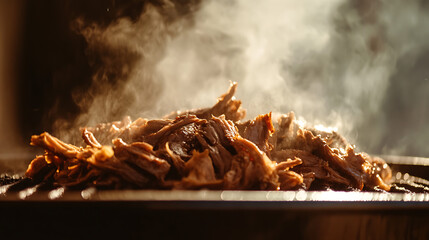 Tender shredded meat, steaming on a grill. Delicious aromas and a warm, inviting atmosphere. A culinary delight that tantalizes the senses and promises a savory experienc