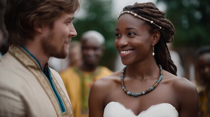 Intercultural wedding ceremony featuring a bride and groom from different countries exchanging vows outdoors, surrounded by multicultural guests in traditional attire, symbolizing love beyond