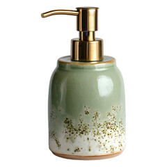 Elegant green ceramic soap dispenser with golden pump and textured base isolated on transparent background