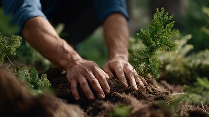 Close-up of hands covering fresh soil around a young tree with a wooden memory plaque nearby, symbolizing life cycle continuity, green remembrance ceremonies, and sustainability in honoring loved