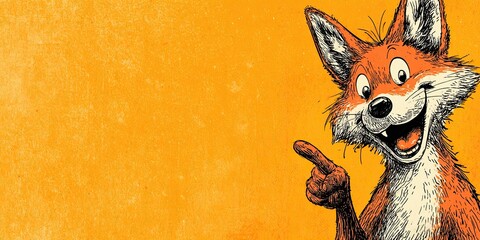 Obraz premium The fox is smiling and pointing his finger to the side. Space for text. Solid color background. Cartoon look.