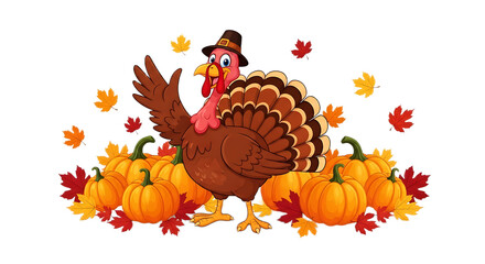 Obraz premium Cartoon turkey with pilgrim hat surrounded by pumpkins and autumn leaves on a black background