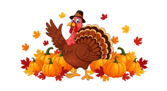 Cartoon turkey with pilgrim hat surrounded by pumpkins and autumn leaves on a black background