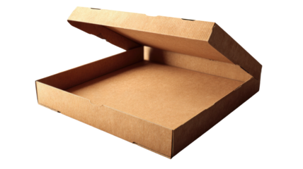 Open, empty brown cardboard pizza box on a black background