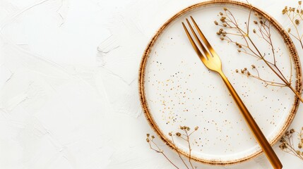 Elegant Gold Fork on White Plate with Dried Floral Decorations Minimalist Table Setting