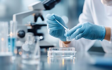 Close-up of Technician's Hands in Laboratory Analyzing Sample with Microscope and Petri Dishes Scientific Research and Analysis in Focus