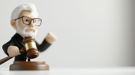Cartoon character of judge holding gavel, showcasing authority and wisdom. figure has glasses and white beard, exuding