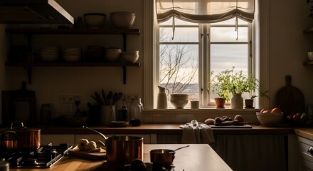 Rustic kitchen interior with copper cookware window and natural light