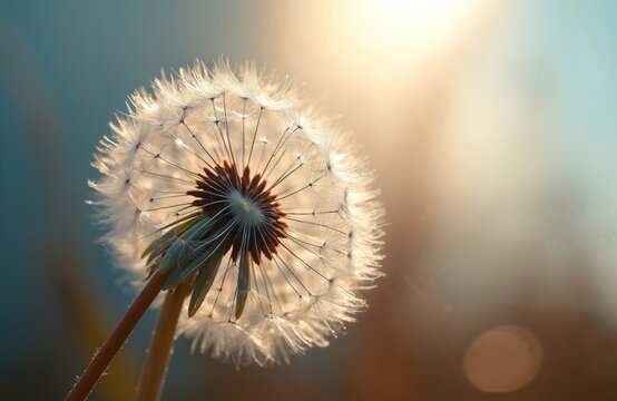 Macro shot of dandelion seeds with water drops backlit by sun. Soft focus background shows bokeh effect and blue sky. Gentle plant fluff awaits wind. Seeds drift freely.