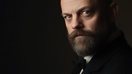 Intense gaze of a confident, bearded man in a dark suit, captured in a classic portrait style against a dim backdrop. The image highlights strength and gravitas.