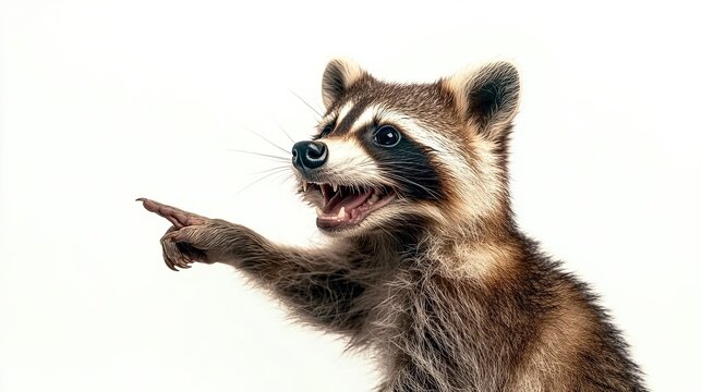 The raccoon is smiling and pointing his finger to the side. Space for text. Plain background
