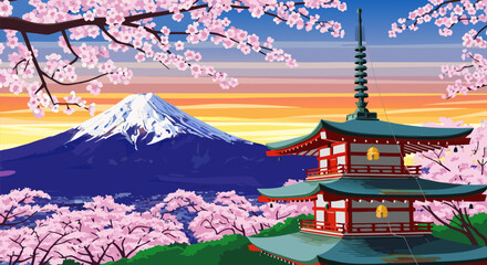 Scenic vector illustration of a Japanese spring landscape with Mount Fuji and a traditional pagoda surrounded by blooming sakura trees at sunrise