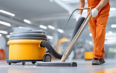 Fototapeta premium Industrial Cleaning Vacuum in Action Focuses on Worker in Orange Outfit Maintaining Cleanliness and Professionalism in Modern Building