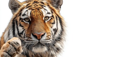 Obraz premium The tiger is smiling and pointing his finger to the side. Space for text. Plain background