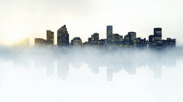 Stunning photo of futuristic cityscape emerging from fog, showcasing tall buildings and reflective surface - Powered by Adobe