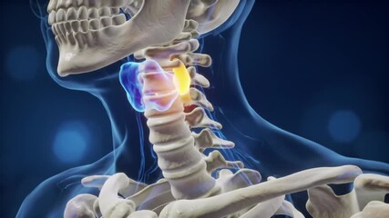 Cervical Spine Anatomy Video Detailed Skeletal Structure with Blue and Orange Highlights on Dark Blue Background