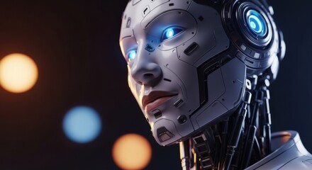Female AI Robot Face: Close-up of a Futuristic Cyborg Head with Blue Glowing Eyes and Mechanical Details for Artificial Intelligence and Future Technology