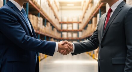 Warehouse Business Handshake: Two Businessmen Shaking Hands in a Long Aisle of a Warehouse for Logistics Partnership and Supply Chain Agreement
