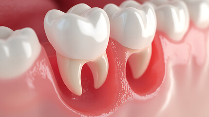 Close-up of teeth, gums, and roots. The image emphasizes dental health, showcasing the structures of the oral cavity with precision and detail. Perfect for educational material.