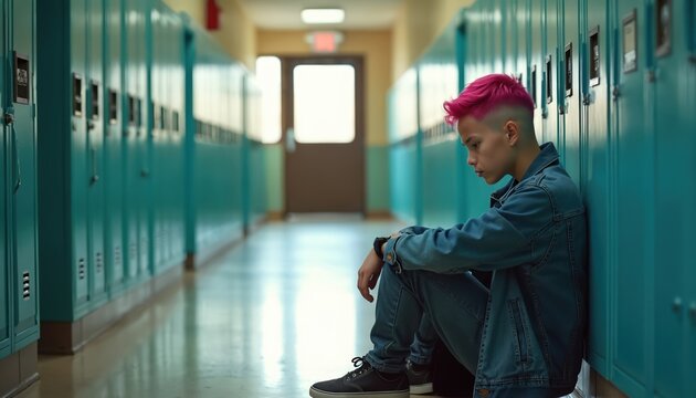 Isolated teenager sits alone in school corridor displaying distress. Young student experiences sadness, loneliness amid hallway lockers. Image conveys feelings of social isolation, mental struggle - Powered by Adobe