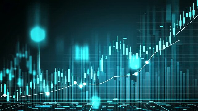Teal bar chart with an ascending white line and glowing bokeh on a grid background