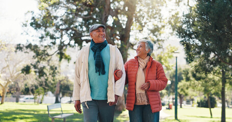 Retirement, walking and couple in park with bonding together, love and connection in happy marriage. Romance, old man or woman in nature with stroll, commitment or soulmate in healthy relationship.