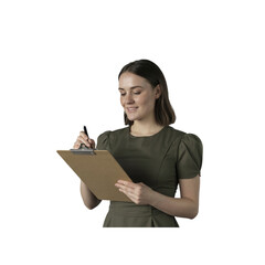 Young woman with a clipboard isolated on transparent background is taking notes