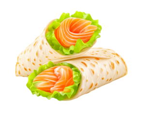 Delicious Salmon Wrap An appetizing view of a freshly made salmon wrap, showcasing the artful arrangement of a delicious salmon and vibrant lettuce within a soft tortilla wrap.