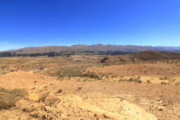 the landscape between Sucre and Potosi near the river Puente Mayu Tambo in Bolivia