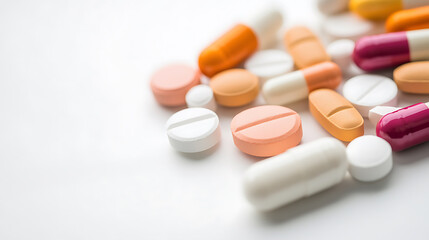 Assorted oral medication featuring capsules and pills. This variety of medicine is used to treat many health conditions and is displayed on a simple white background.