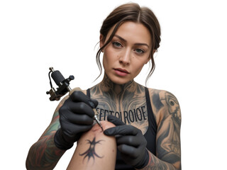 Skilled tattoo artist with intricate body art creating new design on skin transparent background