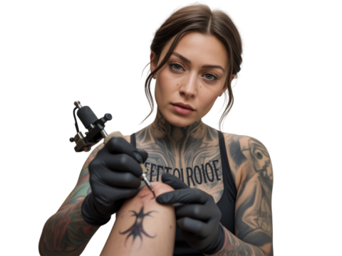 Skilled tattoo artist with intricate body art creating new design on skin transparent background