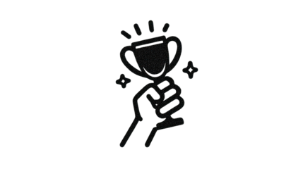 Confident fist clutches victory trophy celebrating achievement and success with shimmering stars around isolated on white background png