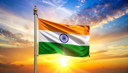 "Indian flag waving proudly at sunrise, symbolizing national pride, identity, and cultural heritage."