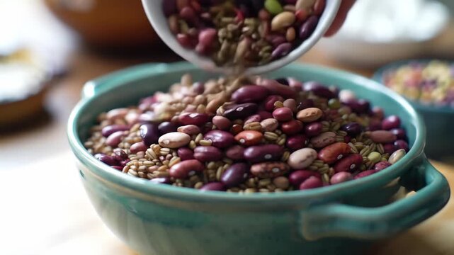 Close-up bowl of mixed beans and grains on table with blurred bowls. For healthy eating or recipe imagery