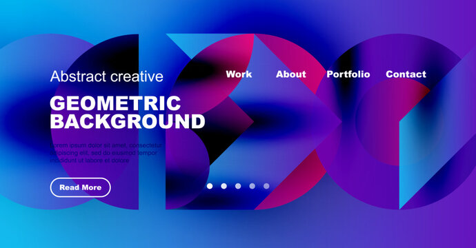 Abstract website header design. Vibrant blue, purple gradients create dynamic geometric shapes. Text details present work information.