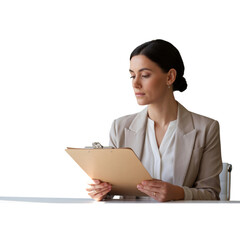 Focused businesswoman reviewing documents isolated on transparent background