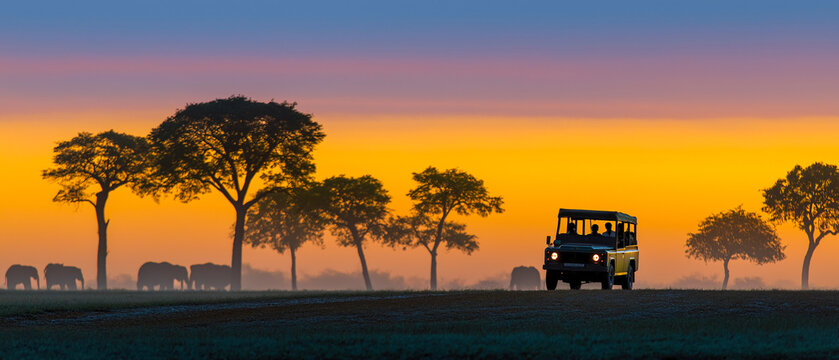 Safari Adventure in the Golden Hour A safari vehicle journeys across the vast savannah, silhouetted against a vibrant, fiery sunset. It promises adventure and the allure of untamed wilderness. 