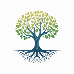 Fototapeta premium Tree of Life Symbol with Roots and Green Leaves.