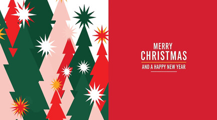 “MERRY CHRISTMAS AND A HAPPY NEW YEAR FROM ALL OF US” Greeting Card – Stylized Trees, Starburst Decorations, and Red-Pink Background – Festive Printable for Holiday Wishes, Cards, or Seasonal Decor