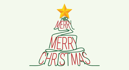 Stylized christmas tree formed by continuous line text saying merry christmas topped with a star