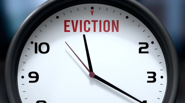 Eviction that is going to happen soon. Upcoming eviction, approaching in the near future. Eviction almost here, in a short time - a clock symbolizes a reminder that eviction is near.