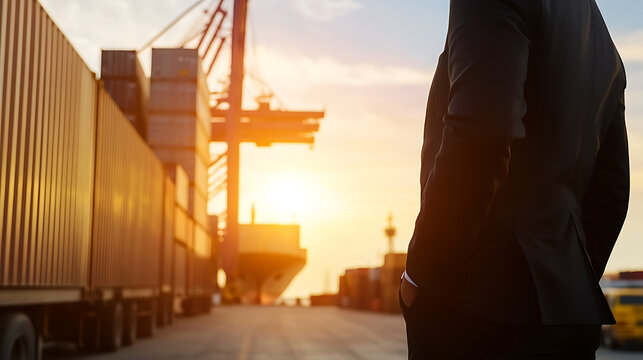 Man in suit overlooks a busy port at sunset, containers in the distance, symbolizing international trade and global business, with cargo ship and port cranes visible.