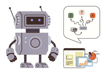 Fototapeta premium Robot interpreting issues with icons for decisions and tangled processes, next to analytics on a tablet. Ideal for technology, AI, automation, data analysis, decision-making, problem-solving