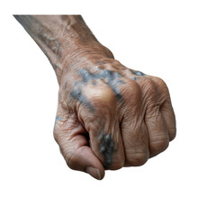 Close up of an old womans fist with tattoo isolated on transparent background